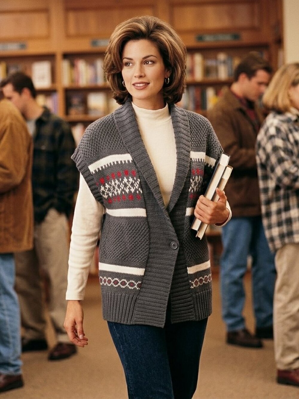 Bandolino Denim Womens L Grey Knit Fair Isle Heart Sweater Vest Statement Alpine